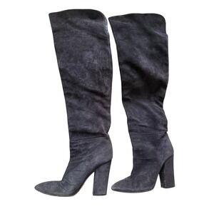 Sergio Rossi Suede Over The Knee Boots Block Heel Dark Gray Size 39.5